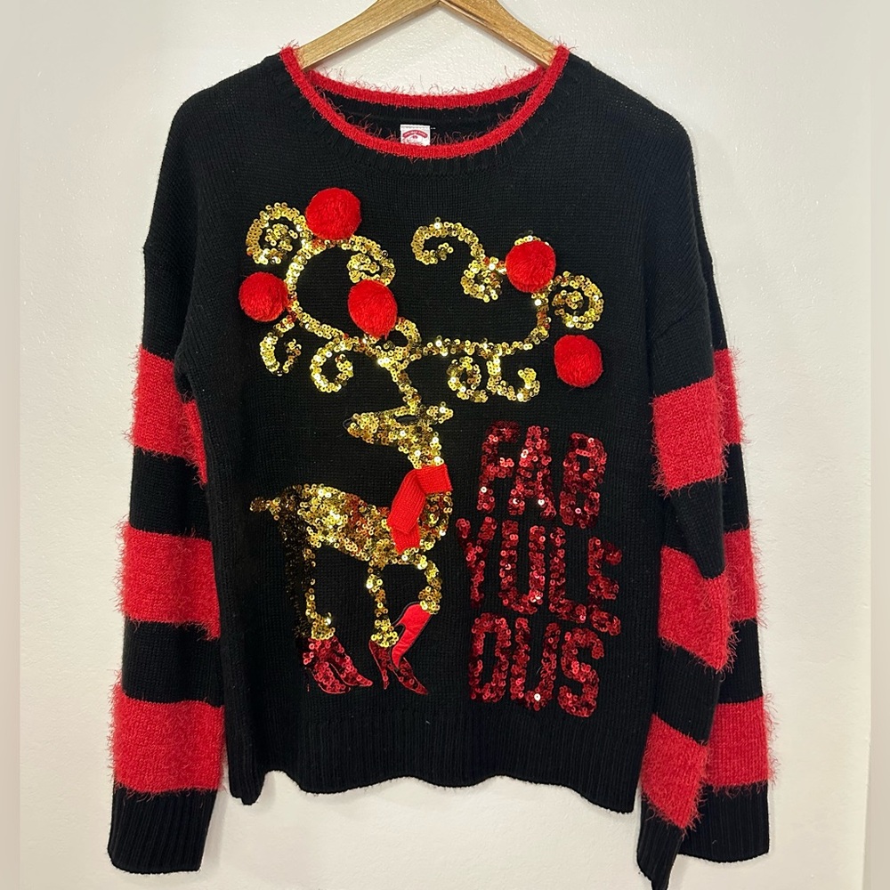Holiday Time Women’s Festive Ugly Christmas Sweater Sequence Reindeer Sz S